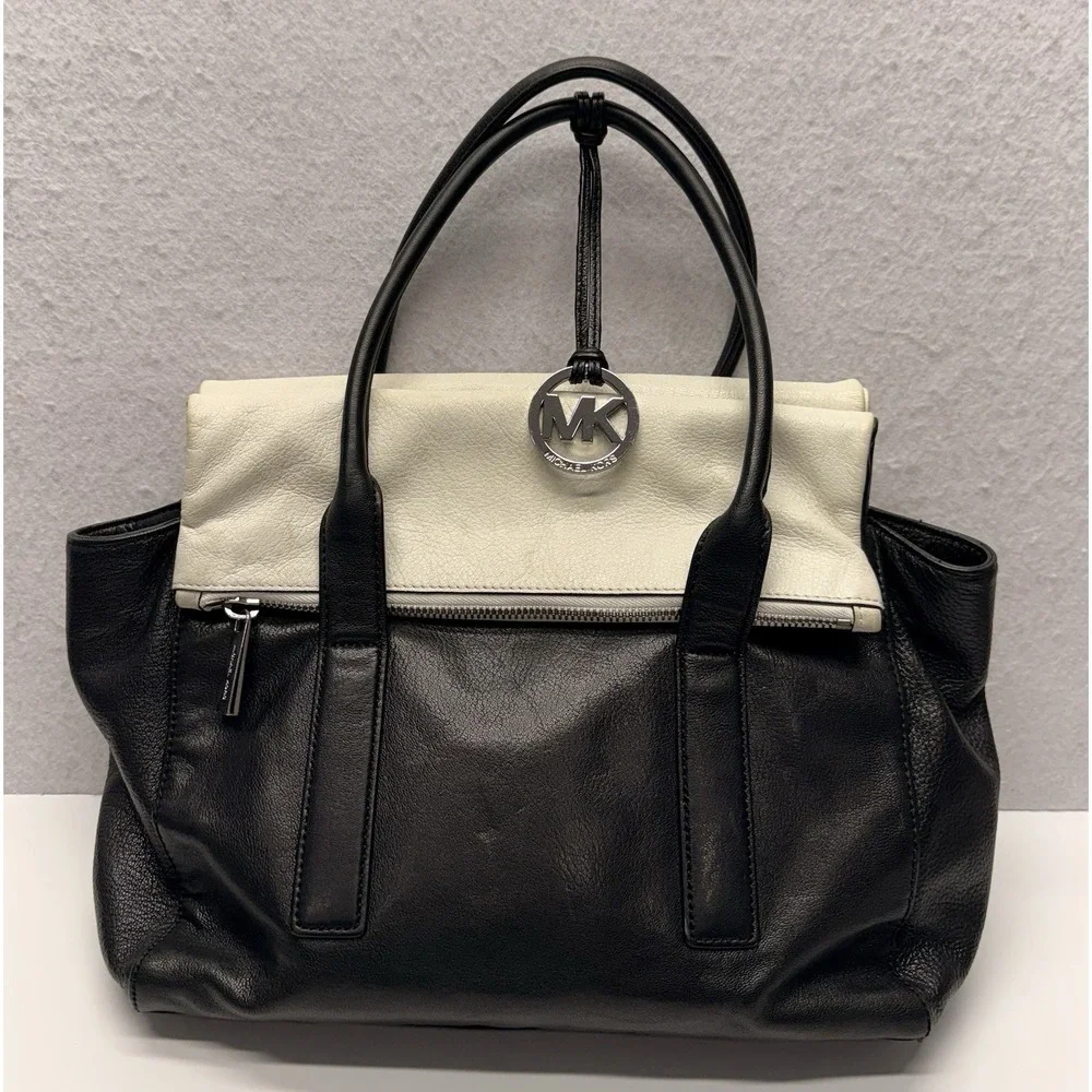 Michael Kors Tippi Large Satchel Leather Handbag Purse Black Cream White